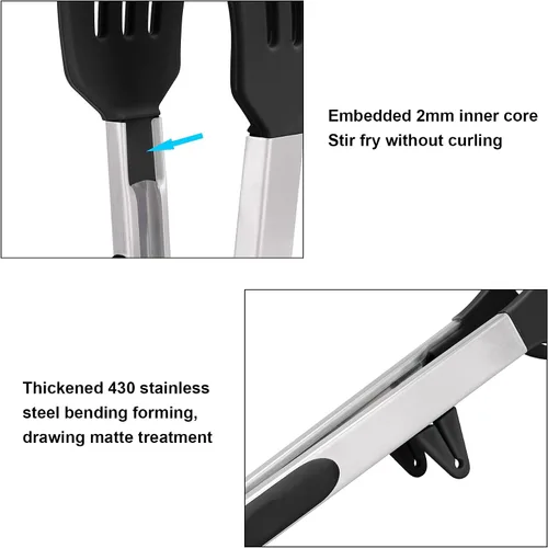 Miniatura 7 de Juego de pinzas de cocina de acero inoxidable 4 en 1 para cocinar con puntas de silicona, tostadora de bistec, pizza, pasta, espagueti, fideos, Negro