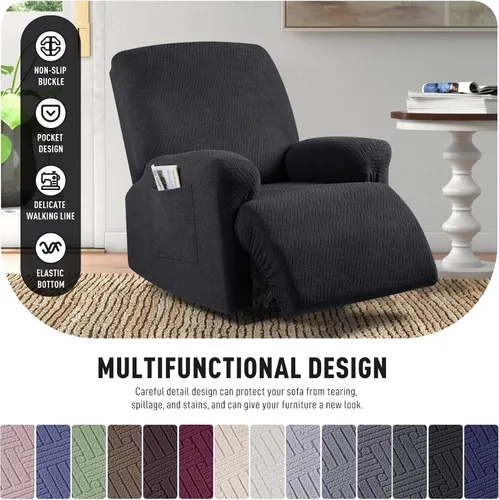 Miniatura 4 de KinCam Fundas para Reclinables, Fundas Elásticas para Sillas Reclinables, Fundas para Sofá Reclinable con Rayas Jacquard, Fundas Protectoras de Negro