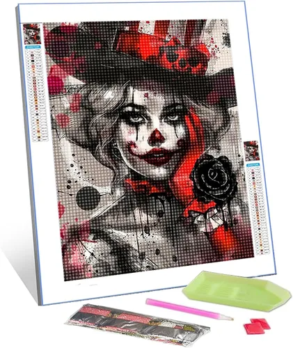 Tucocoo Kits de pintura de diamantes 5D para adultos, payaso negro y rojo, taladro completo, diamante redondo, punto de cruz, diamante, fácil de