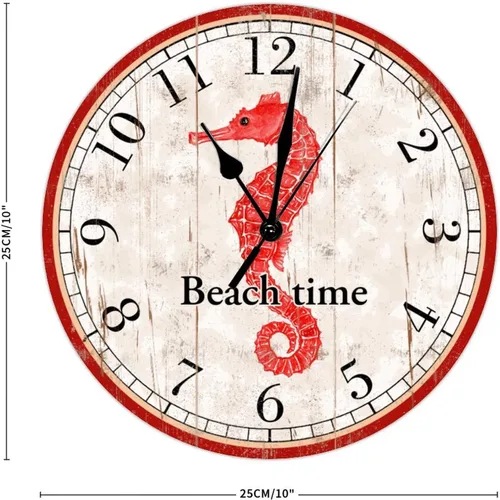 Miniatura 2 de Reloj de pared decorativo de madera con caballito de mar rojo, reloj de pared de madera de caballito de mar de playa, reloj de pared de cuarzo