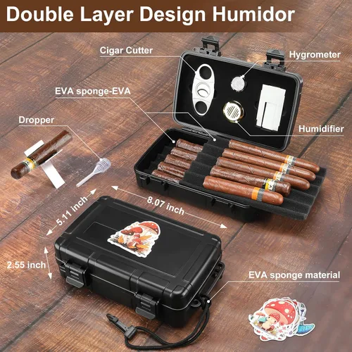 Miniatura 5 de Estuche para cigarros de viaje con capacidad para 10 puros, humidor de cigarros portátil incluye cortador de puros, humidificador, higrómetro, juego