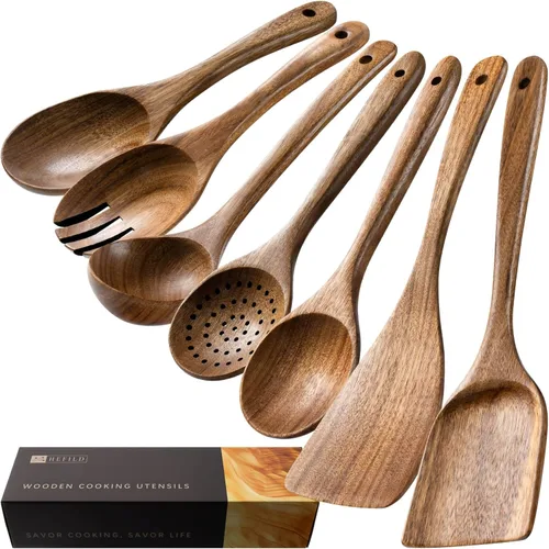 Miniatura 11 de Cucharas de madera para cocinar, juego de utensilios de cocina antiadherentes con 9 espátulas de madera de acacia y cucharas para cocinar, excelente