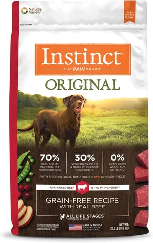 Instinct Alimento Seco Original para Perros, Croquetas con Recubrimiento Crudo, Alta Proteína, Receta Sin Granos - Carne de Res Real, Bolsa de 20 lb
