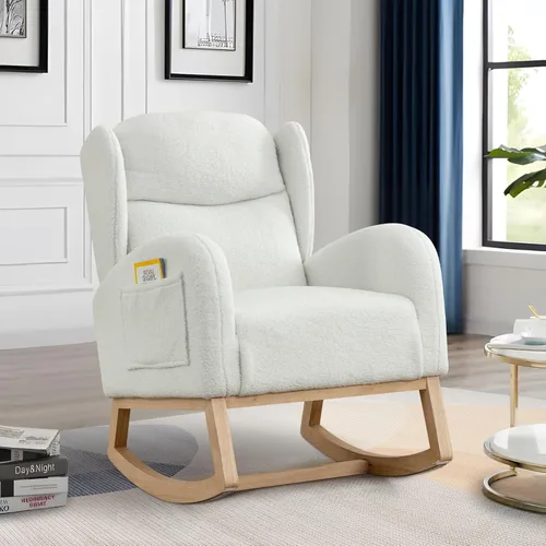 Miniatura 10 de Silla Mecedora Deslizante para Guardería, Silla Mecedora de Acento con Respaldo de Ala Tapizada de Respaldo Alto con Reposabrazos y Bolsillos