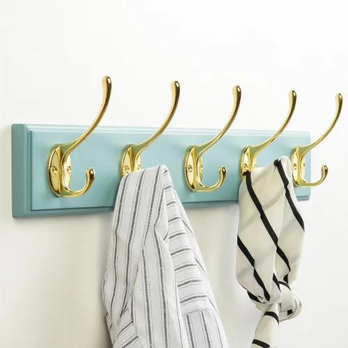 Miniatura 3 de Perchero de bambú para montaje en pared, 17 pulgadas, 5 ganchos dobles, azul y dorado Natural