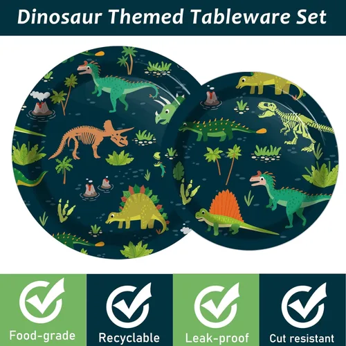 Miniatura 3 de Tevxj Juego de vajilla de dinosaurio de 96 piezas, platos desechables con temática de dinosaurios, servilletas y tenedores para decoración de fiesta