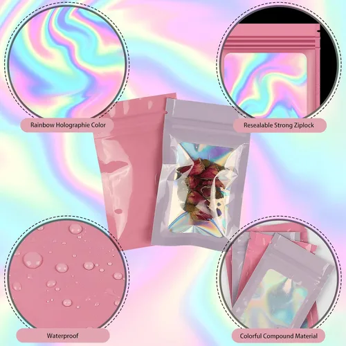 Miniatura 31 de 120 bolsas de tereftalato de polietileno a prueba de olores, bolsa de embalaje holográfica resellable con ventana transparente para alimentos