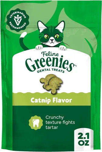 Greenies Golosinas dentales naturales para gatos adultos recomendadas por veterinarios felinos, sabor hierba gatera, bolsa de 2.1 onzas