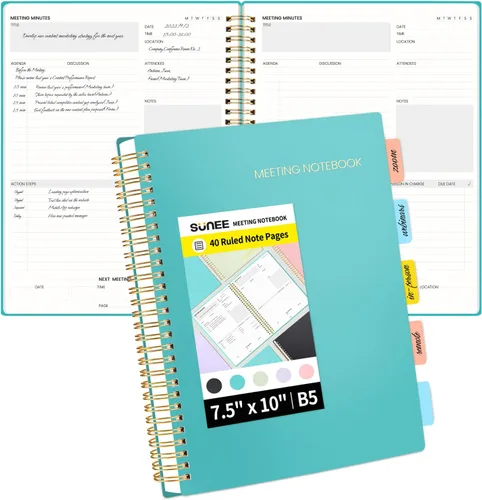 Miniatura 11 de SUNEE Cuaderno de reuniones para el trabajo con pestañas adhesivas, 160 páginas, planificador de proyectos de tamaño A4, agenda de reuniones en Negro