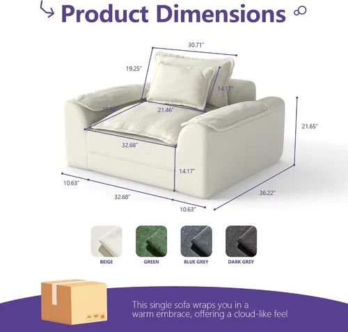 Miniatura 2 de Hobestluk Cloud - Sofá individual de espuma viscoelástica con asiento profundo, sofá en forma de L con funda extraíble, sofá grande para sala