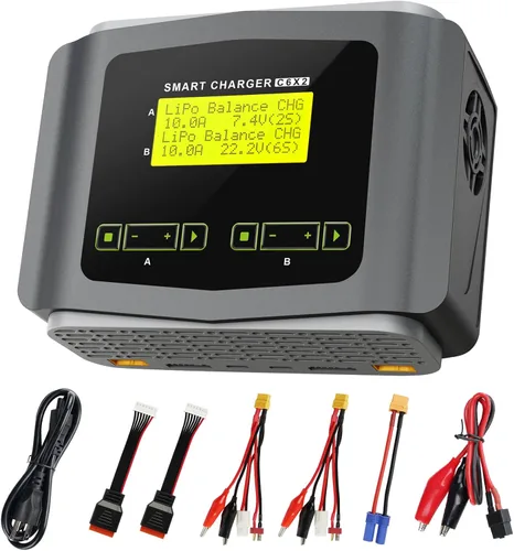 Cargador de batería LiPo con pantalla grande, cargador RC dual, descargador, cargador de equilibrio rápido de 10A para baterías 1-6S LiPo LiHV Gris