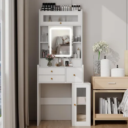 Miniatura 5 de ARTETHYS - Tocador pequeño con espejo deslizante y luces, juego de tocador de maquillaje en color blanco con cajones, mesa de vestir compacta