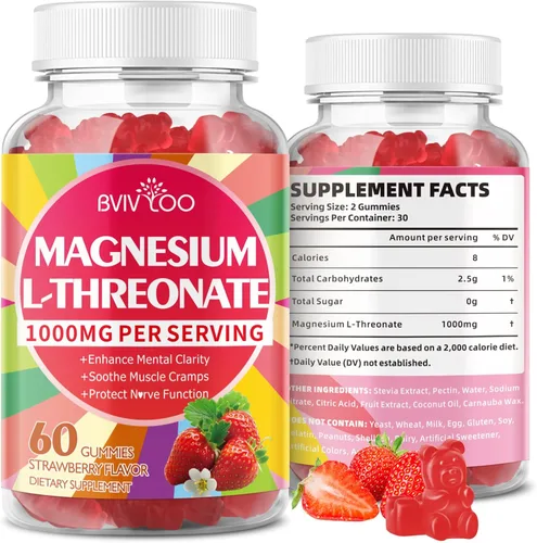 Gomitas de magnesio L-treonato de 1000mg para niños y adultos - Apoyo para el sistema muscular y nervioso, veganas, sin azúcar sabor fresa, 60