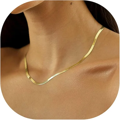 DEARMAY 14K Gold Necklaces for Women, Dainty Gold Herringbone Choker Necklace for Women Thin Layered Chunky Snake Chain Necklaces Jewelry for Teen
