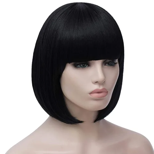 Miniatura 3 de Peluca de pelo corto Bob con flequillo recto sintético peluca natural como pelo real 12 pulgadas