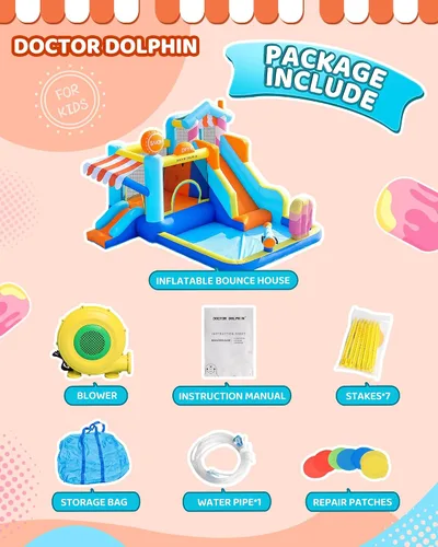 Miniatura 4 de Doctor Dolphin Casa de rebote de agua, parque inflable de tobogán acuático para niños, patio trasero, diversión al aire libre de verano con pistola