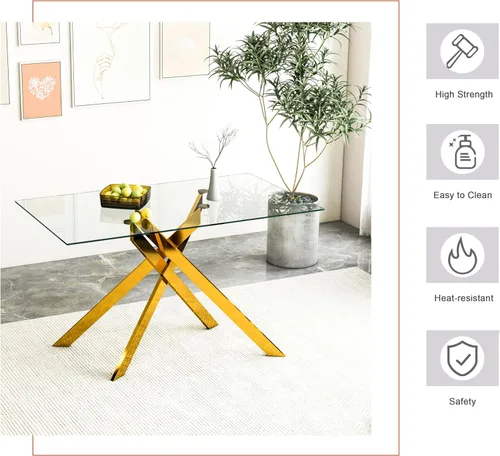 Miniatura 5 de Mesa de comedor rectangular de 51.18" de vidrio templado, mesa de cocina con patas de metal, elegante y robusta mesa de cena para interiores y Dorado