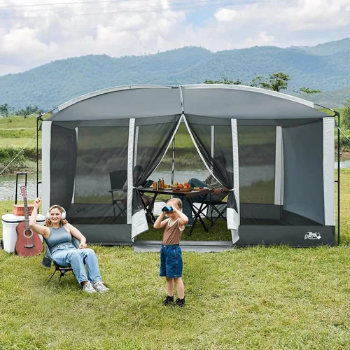 Miniatura 9 de Tienda de Campaña Screen House de 13 x 9 pies, Gazebo de Malla con 2 Puertas Magnéticas, Pantalla de Proyección Incluida, Carpa Refugio con Toldo