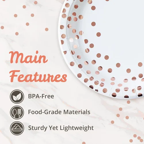 Miniatura 5 de MATICAN Platos de papel para fiestas, paquete de 100 platos desechables blancos y oro rosa, lunares de papel de aluminio, 9 pulgadas Dorado