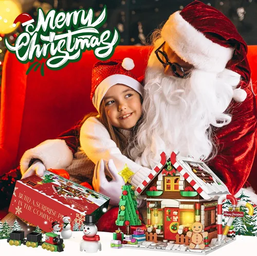 Miniatura 7 de Edificio de casa de pan de jengibre de Navidad, juego de construcción de casa de pueblo navideño, contiene árbol de Navidad y tren, juguete