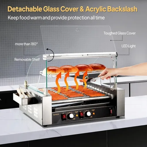 Miniatura 4 de ROVSUN Hot Dog Roller con 11 asadores para 30 hot dogs, máquina de cocción eléctrica de asador con cubierta, control de temperatura dual