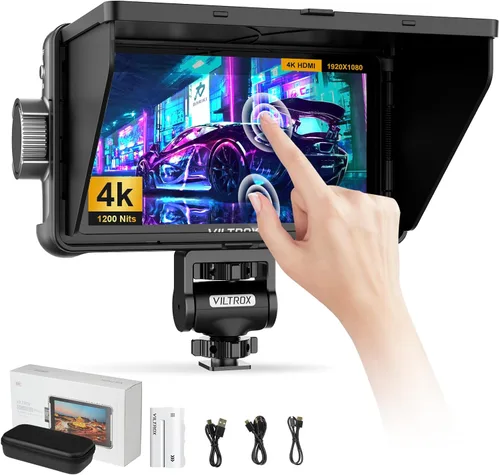 VILTROX DC550 Kit de monitor de cámara HDMI Full HD de 5.5 pulgadas, monitor de campo de cámara de pantalla táctil de 1200nit con capucha, batería,