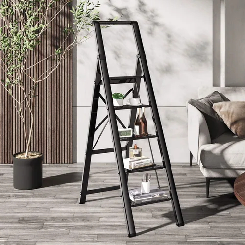 Miniatura 5 de escalera de 5 peldaños plegable con peldaños anchos antideslizantes para uso en el hogar y la cocina, ahorro de espacio (negro)