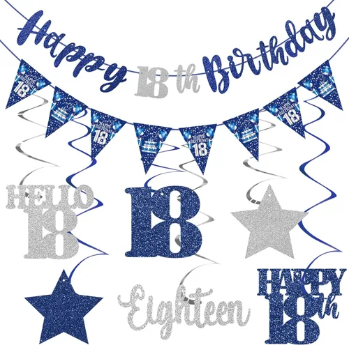 Decoración de cumpleaños número 18 azul y plateado para niños y niñas, pancarta de feliz cumpleaños 18 con estrellas de dieciocho años de edad,