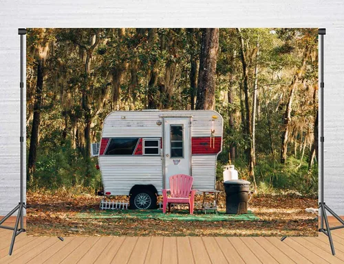 Fondo de campamento para fiesta, campamento, 5 x 3 pies, bosque soleado, caravana, remolque, paisaje de naturaleza, fotografía de fondo, utilería de