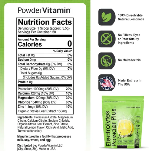 Miniatura 4 de PowderVitamin - Polvo de electrolitos Keto Plus, limonada (100 porciones) 0 azúcar, sin maltodextrina, 1000 mg de potasio, 120 mg de calcio, 120 mg