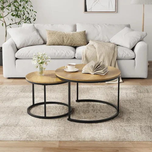 Miniatura 3 de Smuxee - Juego de 2 mesas de café anidadas, mesa de café redonda de 27.6" con tapa de grano de madera y patas ajustables antideslizantes, mesa Marrón