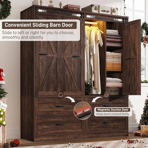 Miniatura 3 de Armario rústico de 4 puertas con puerta corrediza plegable de granero y luces, armario LED con cajones para dormitorio, armario de madera Marrón