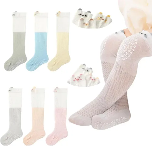 Miniatura 9 de Calcetines antideslizantes hasta la rodilla para bebés y niños pequeños, mallas delgadas para recién nacidos, para gatear en el suelo, 5/6 paquetes