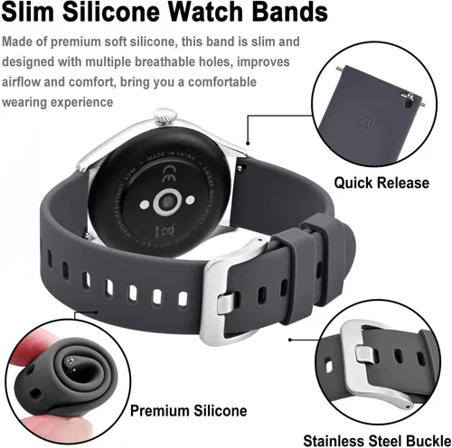Miniatura 23 de BISONSTRAP Correas de reloj de silicona, correas de reloj delgadas con liberación rápida, 0.787 in, negro con hebilla negra