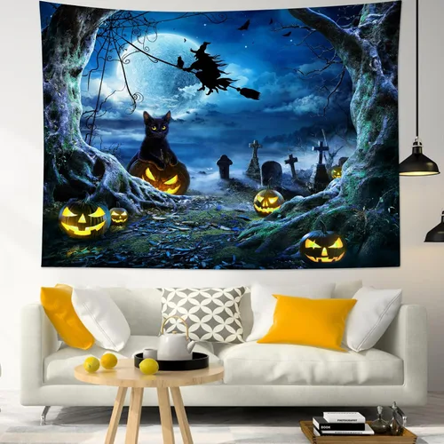 Miniatura 23 de LB Tapiz espeluznante de cementerio de Halloween, lápida aterradora con árboles muertos, tapiz de bosque para colgar en la pared, tapiz de fondo