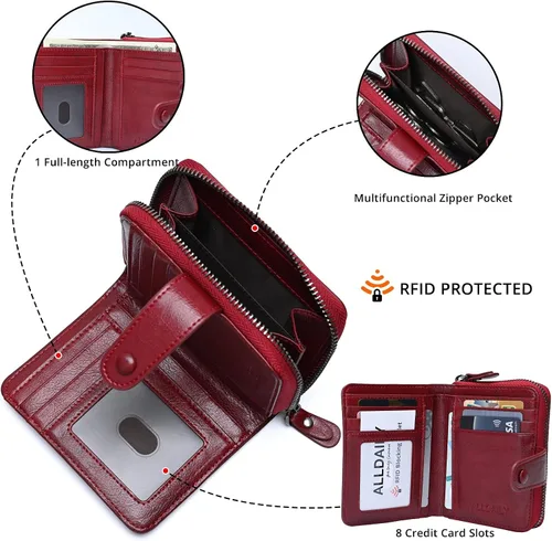 Miniatura 5 de Carteras pequeñas para mujer, con bloqueo RFID, de cuero, con cremallera, bolsillo para monedas, tarjetero, con ventana de identificación, Rojo vino