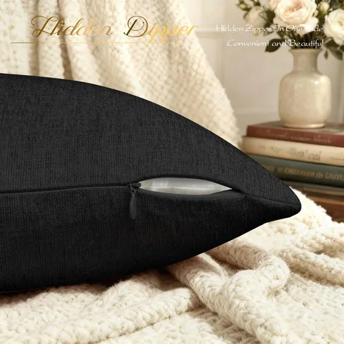 Miniatura 5 de BRAWARM Fundas de almohada 40x40 cm - Paquete de 2 fundas de almohada de chenilla negra, fundas de almohada de chenilla suave teñida sólida