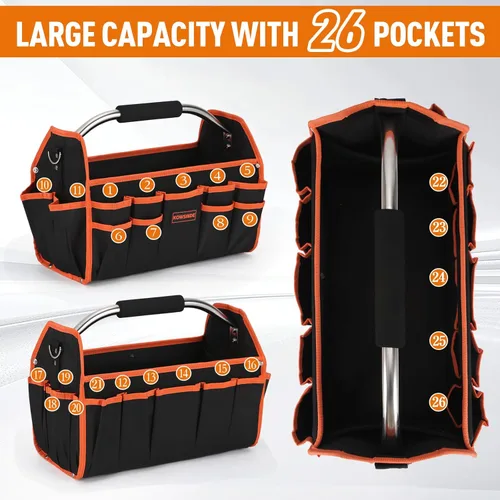 Miniatura 4 de Kowsinde Bolsa de herramientas de 16 pulgadas, bolsa de herramientas para electricista, bolsas de herramientas con parte superior abierta, 26 Naranja