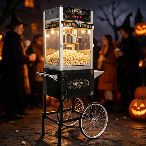 Miniatura 28 de Máquina comercial de palomitas de maíz con carrito y ruedas, máquina para hacer palomitas de maíz con hervidor de acero inoxidable de 24 onzas, Rojo
