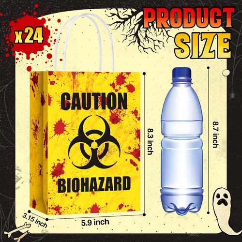 Miniatura 2 de TaoBary 24 bolsas de regalo de Halloween de peligro biológico de Halloween, bolsas de regalo de papel con asas, temática de zombies, recuerdos