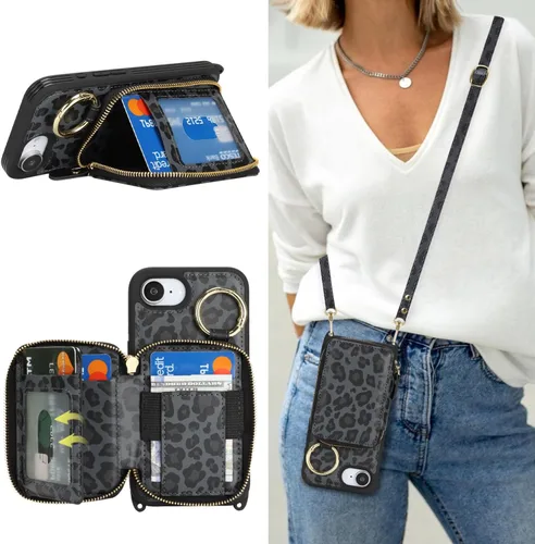 Funda tipo cartera cruzada para iPhone 17e/16e, de piel sintética, con cremallera, funda tipo cartera con función atril y ranuras para tarjetas,
