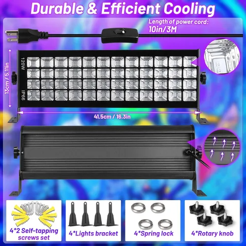 Miniatura 5 de YQNLIFA - Paquete de 2 luces LED negras impermeables de 120 W, paquete de 2 barras de luz negra de 10 pies con enchufe e interruptor, luz negra IP66