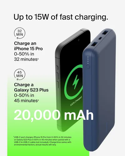 Miniatura 7 de Cargador portátil Belkin, banco de energía USB C de 20000 mAh con 2 puertos USB-A, 15W con cable de tipo A a tipo C - iPhone 17, Air, Pro, Pro Max