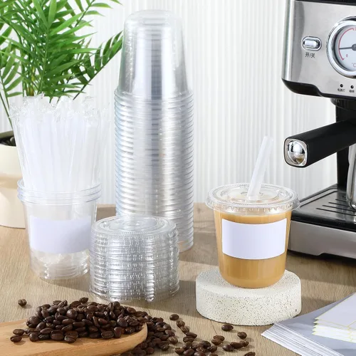 Miniatura 2 de Ziliny 25 juegos de vasos de plástico transparente con tapas, pajitas y pegatinas, vasos desechables de PET engrosado para café helado, té