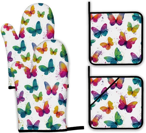 Guantes de horno y soportes para ollas de mariposa coloridos, guantes de horno resistentes al calor, guantes y soporte para ollas para decoración