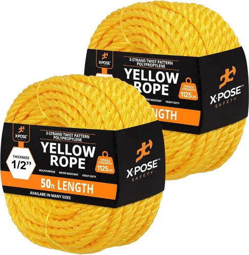 Miniatura 24 de Cuerda de polipropileno trenzado amarilla, 1/2 pulgada de grosor x 50 pies de largo, cuerdas de polietileno resistentes para uso en exteriores