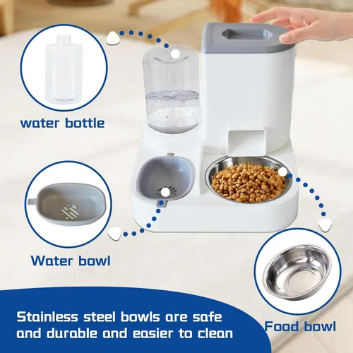 Miniatura 6 de Juego de dispensador automático de comida y agua para gatos, 2 en 1, comedero de gravedad todo en uno con tazón de comida para gatos de acero 【Gris】