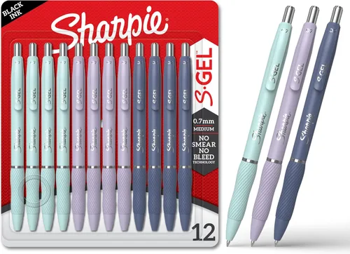 Sharpie Bolígrafos de gel S-Gel, punta media (0.028 in), barriles de moda surtidos, tinta negra, 12 unidades, suministros para oficina, profesor,