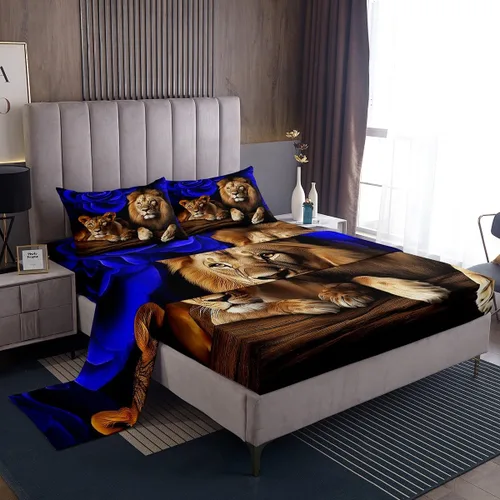 Miniatura 40 de Erosebridal Sábanas de cama de guepardo con rosa roja, juego de sábanas de bolsillo profundo con estampado de leopardo y gato, sábana bajera