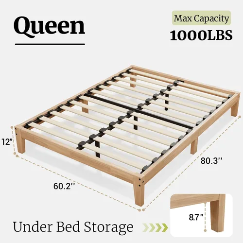 Miniatura 2 de Awesofurni Base de cama individual, plataforma de madera maciza de 12 pulgadas con listones de madera, marco de cama de madera con acabado natural